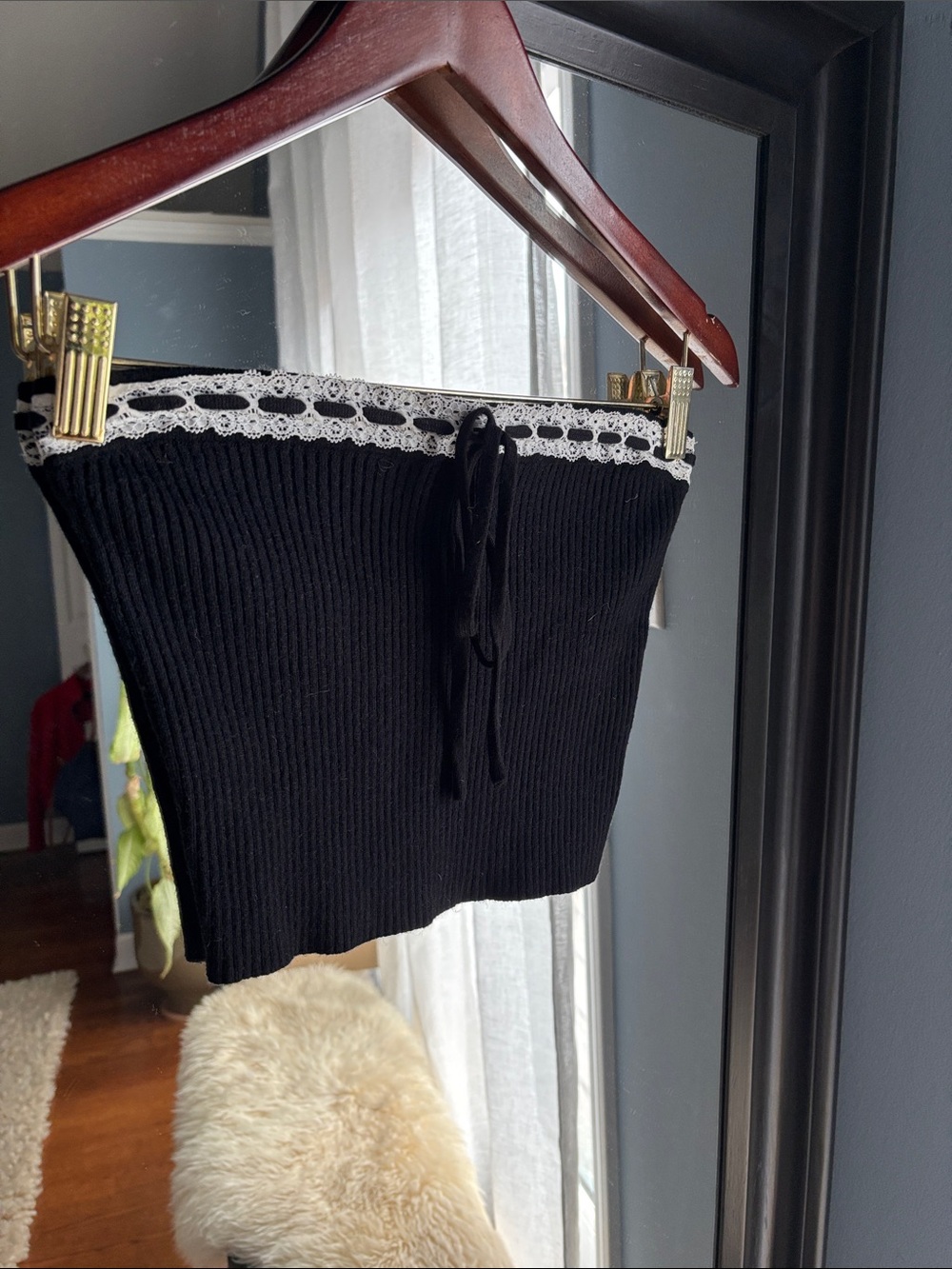 Edikted Black Ribbed Bandeau with White Lace Trim